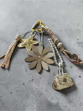Bag charm Neutral Beige Floral & Gold Charm Keychain - Women Accessories